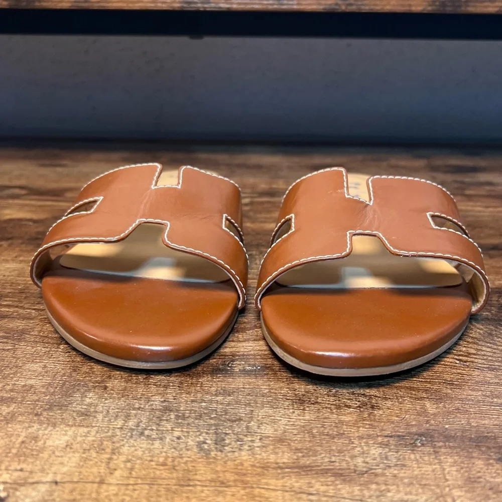 French Sole Alibi Brown Leather Flat Sandals Slip On Open Round Toe Women's 9.5 - Picture 3 of 10